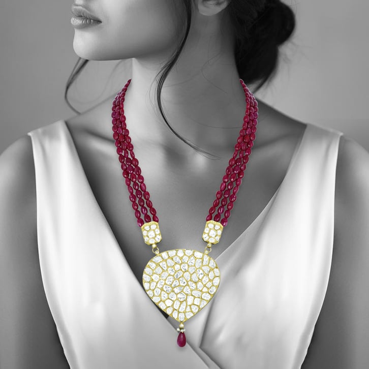 Pear-Shaped Polki Pendant with Ruby Maniya and Drop